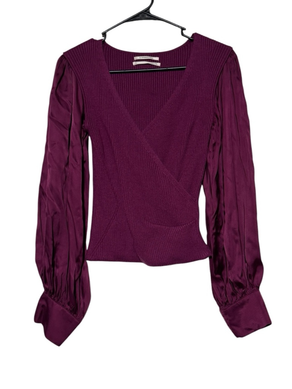 Anthropologie Twofer Faux Wrap Sweater‎ Size S Purple Satin Sleeve Ribbed Knit